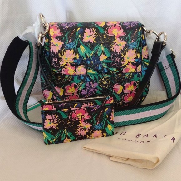 Ted Baker Black Flirty Magnolia Print Bovine Leather Parcell Double Bundle NWT